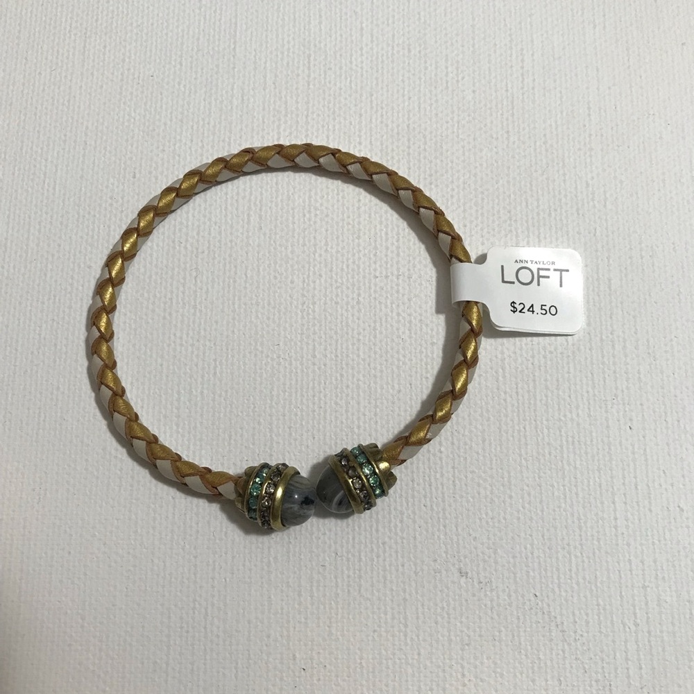 Loft Ann Taylor Brown Leather Cuff Bracelet with Rhinestones